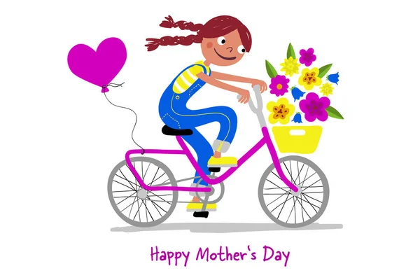 Mothers Day - Cute girl on a bike gives her mothers flowers - Card horizontal - Handdrawn illustration — ストックベクタ