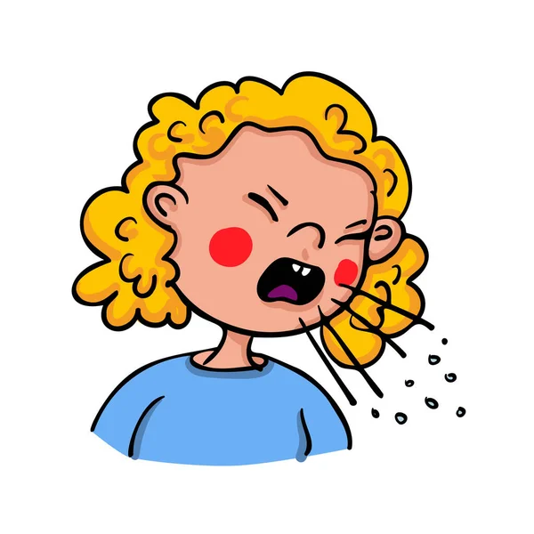 Menina mostrando sintomas de tosse que pode ser a gripe ou Covid-19 ilustração vetor desenhado à mão — Vetor de Stock