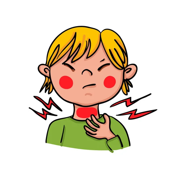Bir çocuk boğaz ağrısı belirtileri gösteriyor. El yapımı vektör çizimi.