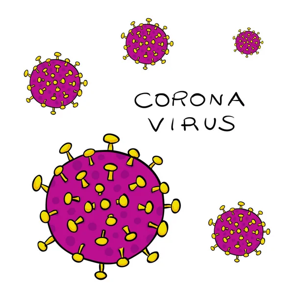 Varios virus de Coronavirus-SARS-CoV-2 que causa Covid-19- ilustración vectorial dibujado a mano — Vector de stock