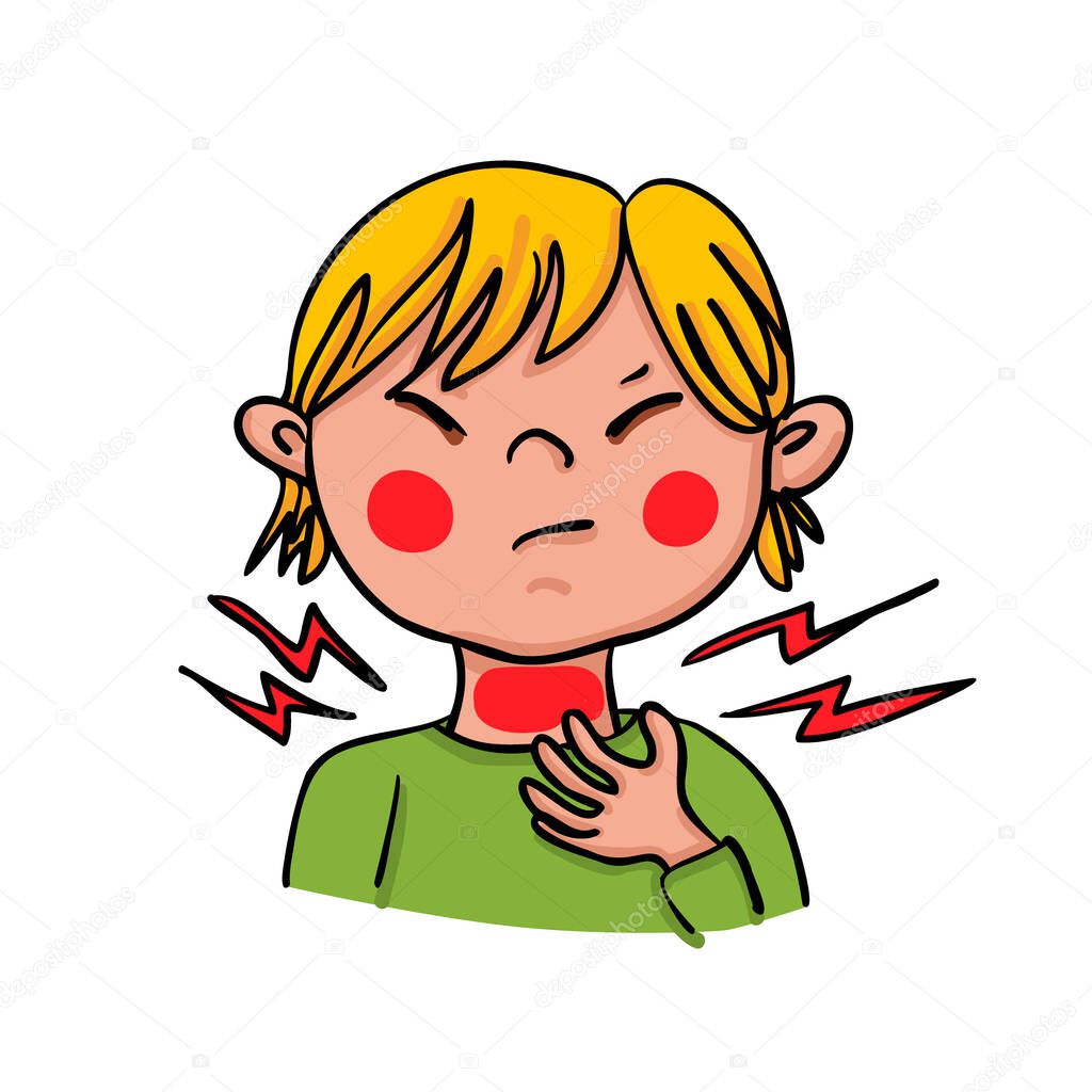 A child is showing symptoms of a sore throat- hand-drawn vector illustration