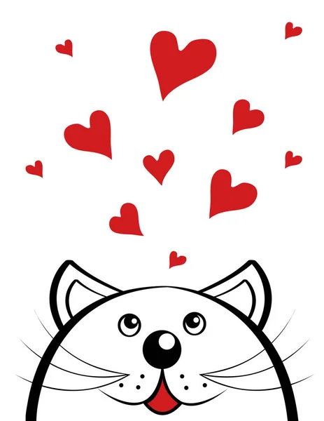 Gatto innamorato guarda un sacco di cuori rossi. San Valentino. vettore — Vettoriale Stock