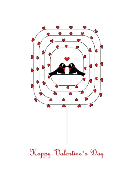 Weiße Valentinstag-Karte mit einem Paar verliebter Gimpel auf einem Baum. Vektor — Stockvektor