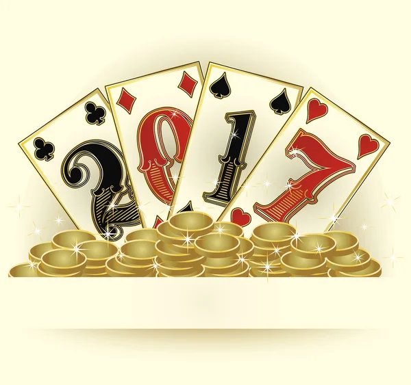 Nuovo anno 2017 con carte da poker e monete d'oro, illustrazione vettoriale — Vettoriale Stock