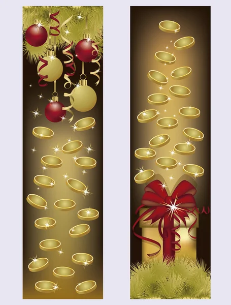 Ευτυχισμένο το νέο έτος καλά Χριστούγεννα πανό με χρυσά νομίσματα, εικονογράφηση διάνυσμα — Διανυσματικό Αρχείο