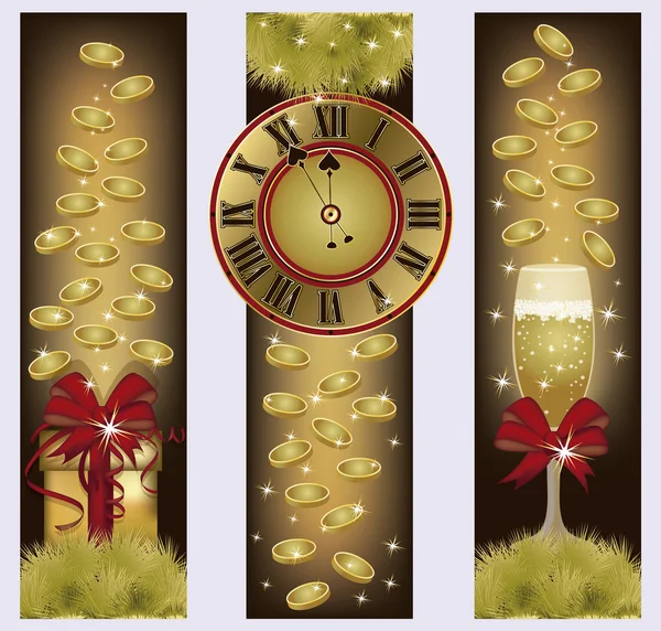 黄金のコイン、ベクトル図と幸せな新年バナー — ストックベクタ