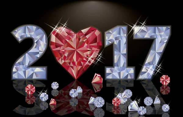 Rubí y corazón de diamante año nuevo 2017, ilustración vectorial — Vector de stock