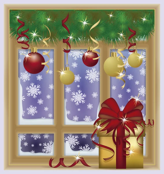 Winter Neujahr Schnee Fenster, Vektorillustration — Stockvektor