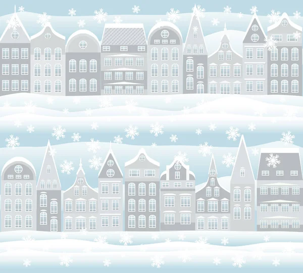 Naadloze patroon. Vrolijke Kerstmis en Nieuwjaar vakantie kaart met besneeuwde stad, vectorillustratie — Stockvector