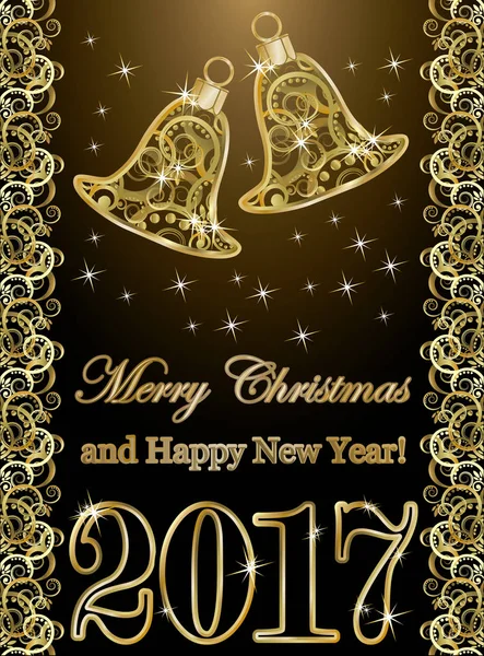 新年快乐 2017年横幅挂着的金色圣诞铃铛，矢量图 — 图库矢量图片