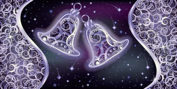 Feliz año nuevo tarjeta con campanas de plata de Navidad, vector de ilustración — Vector de stock