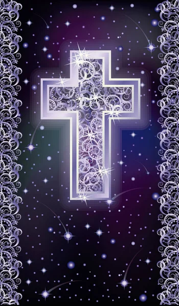 シルバー クリスチャン クロスの休日カード、ベクトル イラスト — ストックベクタ