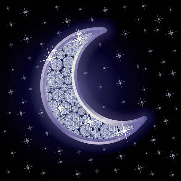 Diamant maan in Sterrennacht hemel, vectorillustratie — Stockvector
