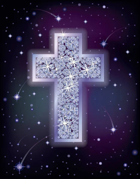 Brilliant cross in starry night sky, holiday background, vector illustration — Stock Vector