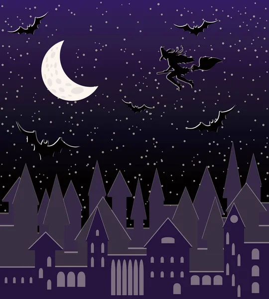 Noche de luna con silueta de bruja sexy voladora, patrón sin costuras, ilustración vectorial — Archivo Imágenes Vectoriales