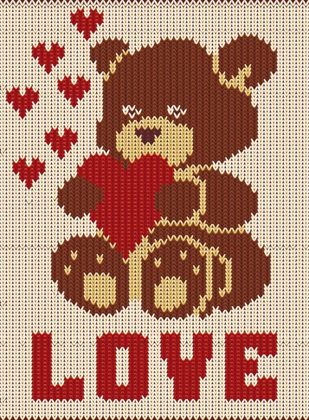 Happy Valentines day, knitted teddy bear, vector illustration — Stock Vector