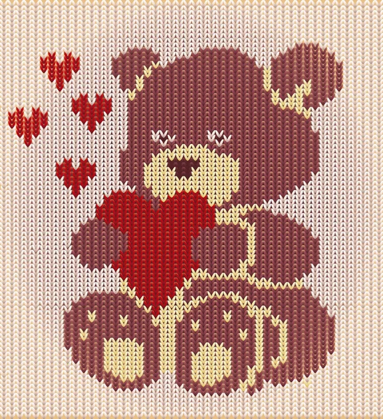 Feliz día de San Valentín, oso de peluche de punto con el corazón, vector de ilustración — Archivo Imágenes Vectoriales