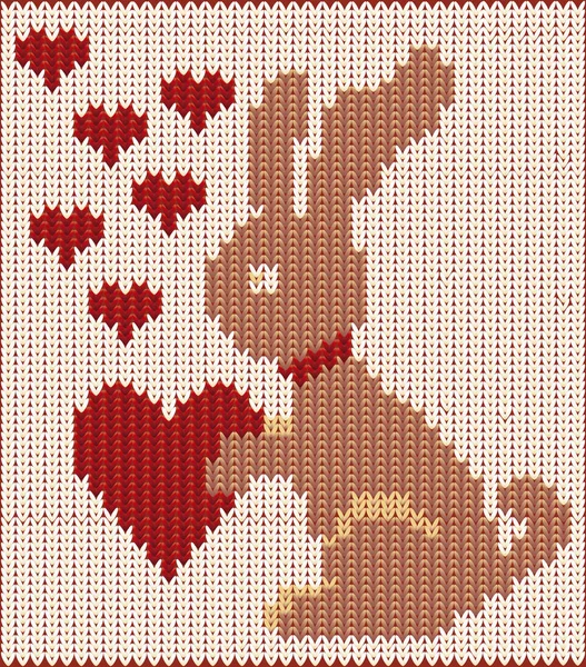 Открытки на день святого Валентина, вязаный кролик с сердцем, векторная иллюстрация — стоковый вектор
