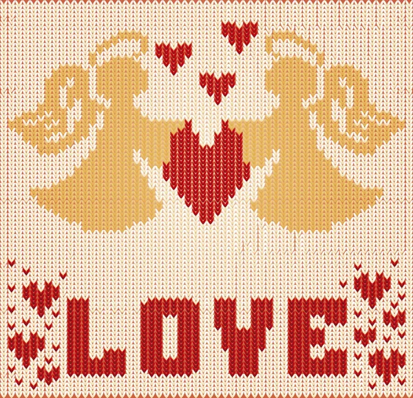 С Днем Святого Валентина вязаные карты, два ангела и сердце, векторная иллюстрация — стоковый вектор