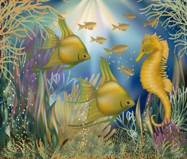 Tropikal balık, vektör çizim ile sualtı arka plan