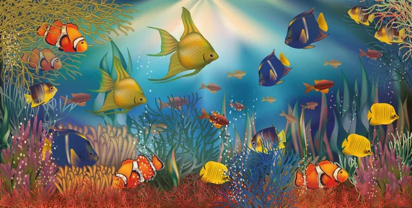 Fondo subacqueo con pesci tropicali, illustrazione vettoriale — Vettoriale Stock