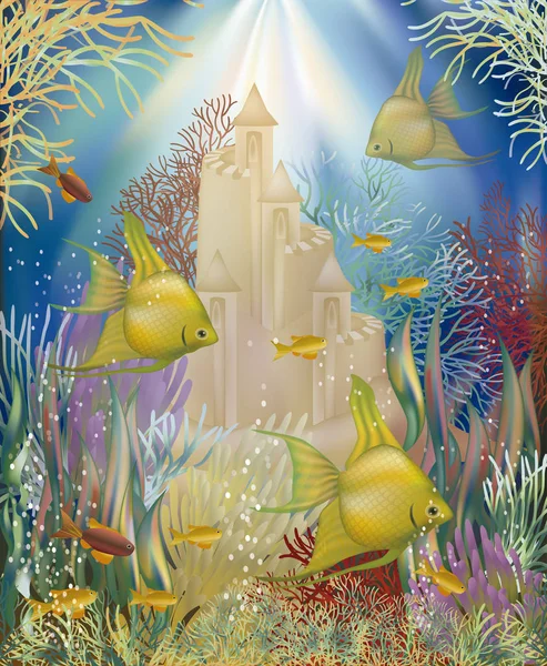 Papier peint sous-marin avec château et poissons tropicaux, illustration vectorielle — Image vectorielle