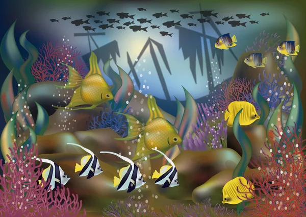 Fond sous-marin navire et poissons tropicaux, illustration vectorielle — Image vectorielle