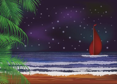 Gece deniz duvar kağıdı, Scarlet sails.vector illüstrasyon