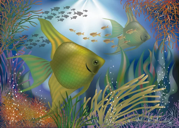 Underwater tapet med tropiska fiskar, vektor illustration — Stock vektor