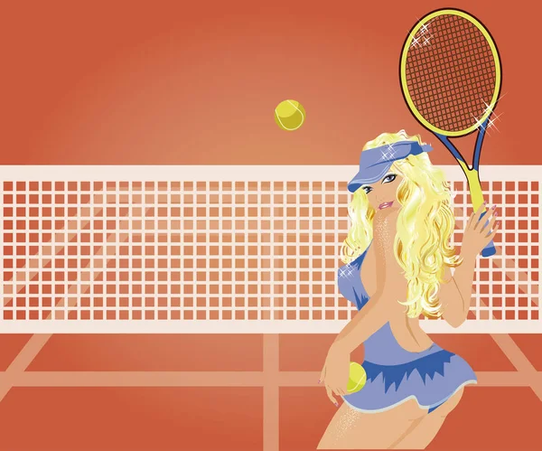 若い可愛いベクトル図のテニスコートでテニス プレーヤー — ストックベクタ