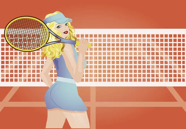 Tenis Kortu, vektör çizim üzerinde güzel tenisçi — Stok Vektör