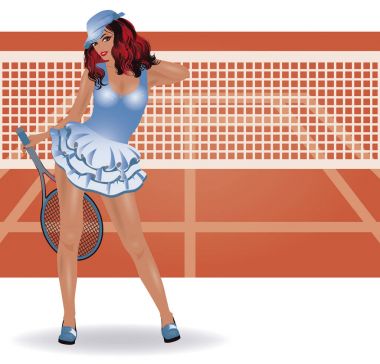 Güzel kız tenisçi tenis kortunda, vektör çizim