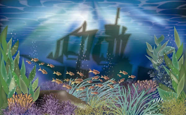 Tropische Unterwasser-Tapete mit Schiff, Vektorillustration — Stockvektor