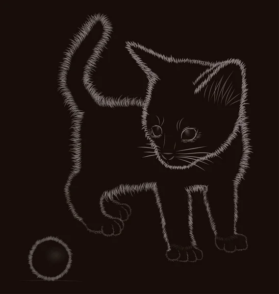 Pequeno gatinho com bola, preto e branco, ilustração vetorial — Vetor de Stock