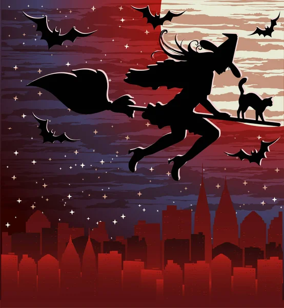 Felice notte di Halloween sfondo della città, illustrazione vettoriale — Vettoriale Stock