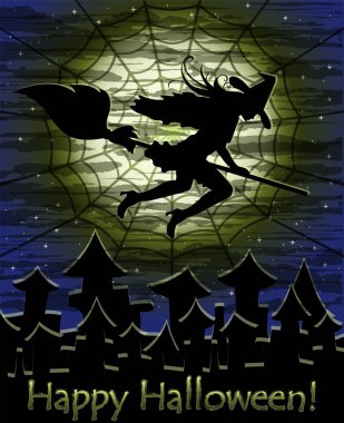 Mutlu Cadılar Bayramı kartı genç cadı, vektör çizim ile