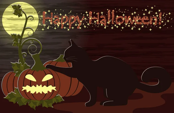 Happy Halloween-wenskaart met zwarte kat, vectorillustratie — Stockvector