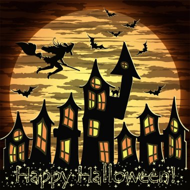 Mutlu Cadılar Bayramı kartı cadı ve magic castle, vektör çizim ile