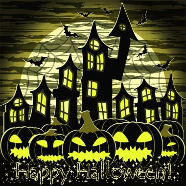 Mutlu Cadılar Bayramı kartı kabak ve kale, vektör çizim ile