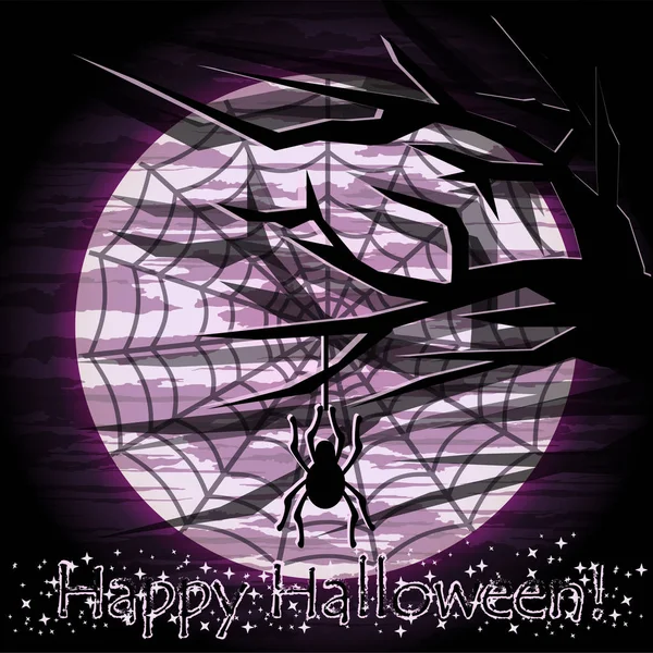 Feliz tarjeta de Halloween con araña, ilustración vectorial — Vector de stock