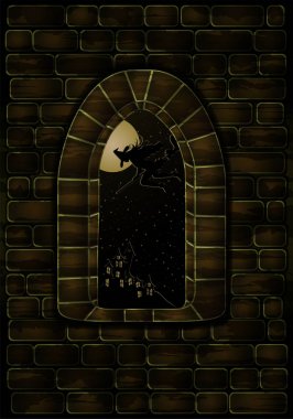 Ortaçağ penceresi ve cadı. Mutlu Cadılar Bayramı kartı, vektör çizim