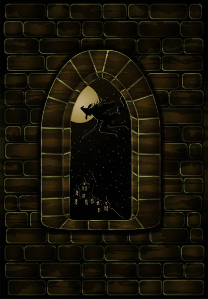 Middeleeuwse venster en heks. Happy halloween-kaart, vectorillustratie — Stockvector