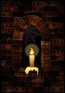 Mum ile kale Ortaçağ penceresinde. Mutlu Cadılar Bayramı arka plan, vektör çizim