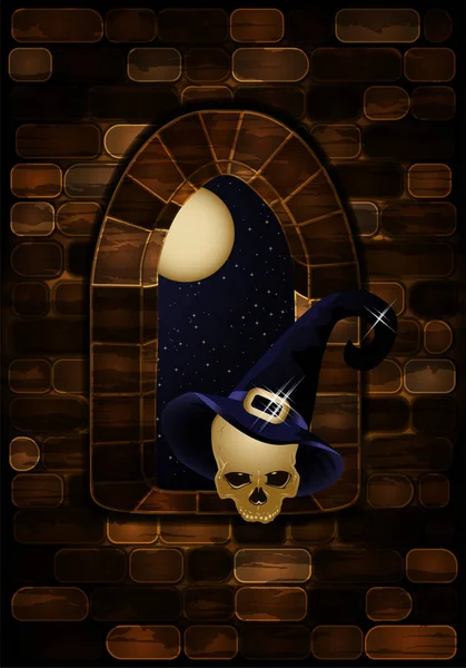 Fenêtre médiévale au château avec un chapeau de sorcière. Joyeux fond d'Halloween, illustration vectorielle — Image vectorielle