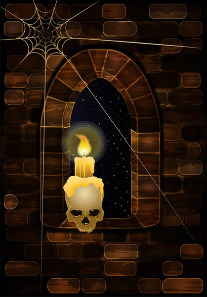 Kafatası ile kale Ortaçağ penceresinde. Mutlu Cadılar Bayramı arka plan, vektör çizim