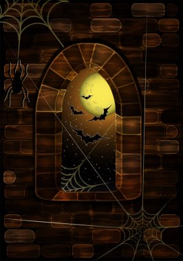 Spiderweb Kalesi Ortaçağ penceresinde. Mutlu Cadılar Bayramı arka plan, vektör çizim