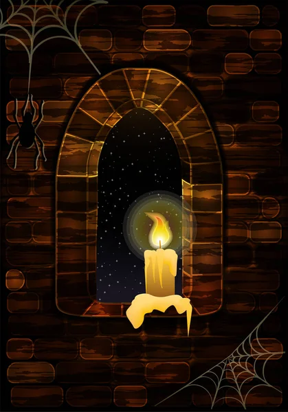 Mittelalterliches Fenster in der Burg mit Spinnennetz und Kerze. fröhlicher Halloween-Hintergrund, Vektorillustration — Stockvektor