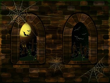 Ortaçağ mezarlık ile sihirli kale içinde pencere eşiği. Mutlu Cadılar Bayramı arka plan, vektör çizim