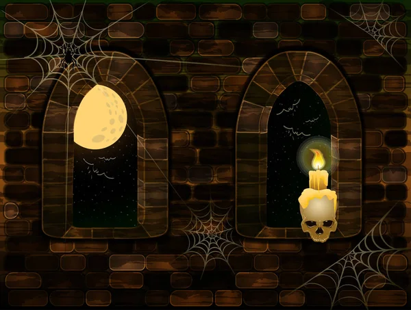 Janelas medievais em castelo mágico com crânio e vela. Feliz cartão de Halloween, ilustração vetorial — Vetor de Stock