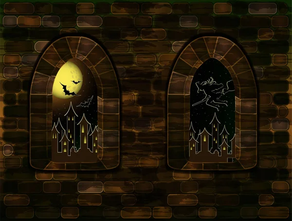 魔法の城で中世の窓。ハッピー ハロウィン カード、ベクトル イラスト — ストックベクタ